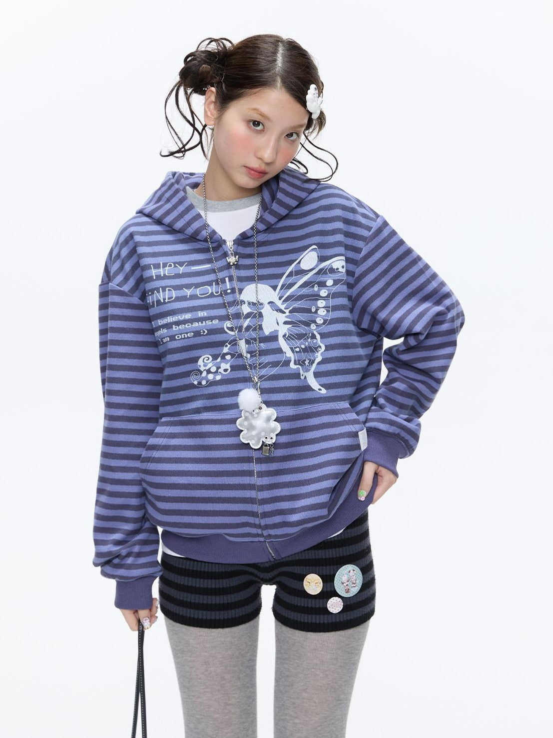 Vintage Purple Butterfly Striped Oversized Women's Cotton Blend Zip-up Hoodies