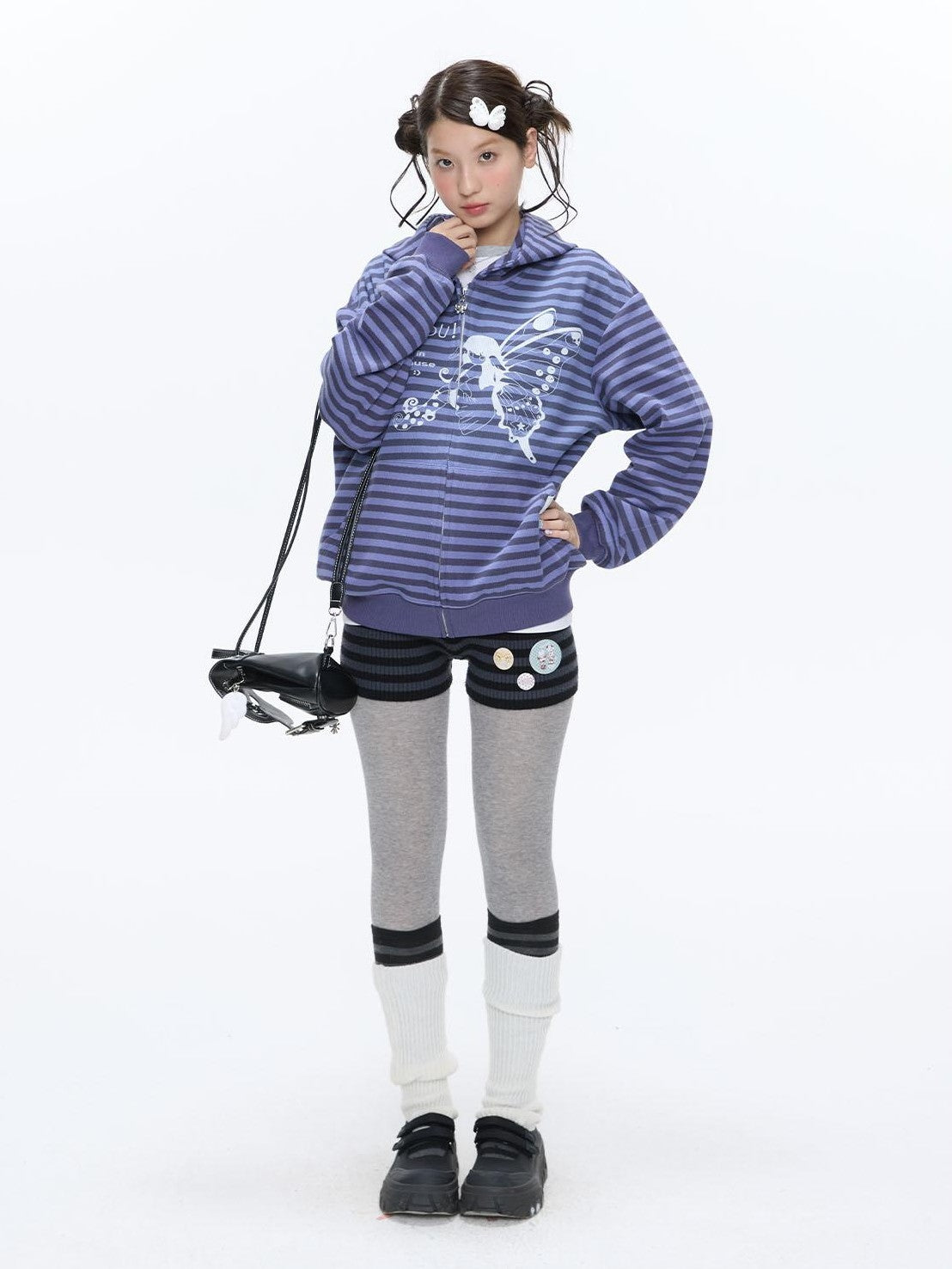 Vintage Purple Butterfly Striped Oversized Women's Cotton Blend Zip-up Hoodies