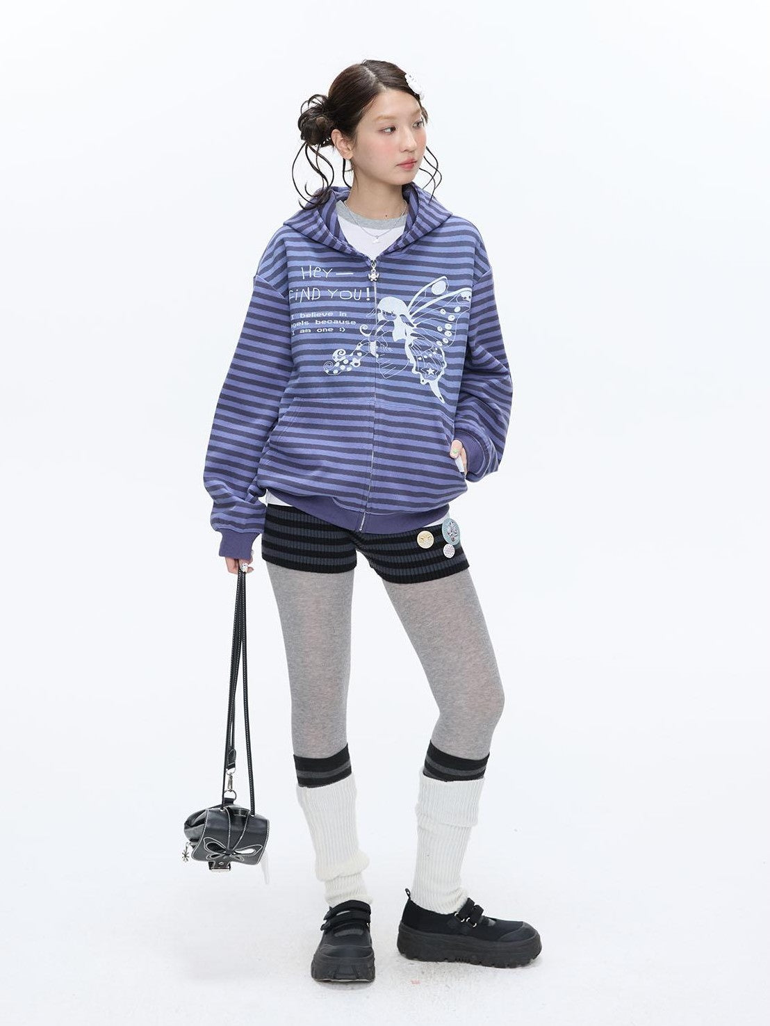 Vintage Purple Butterfly Striped Oversized Women's Cotton Blend Zip-up Hoodies