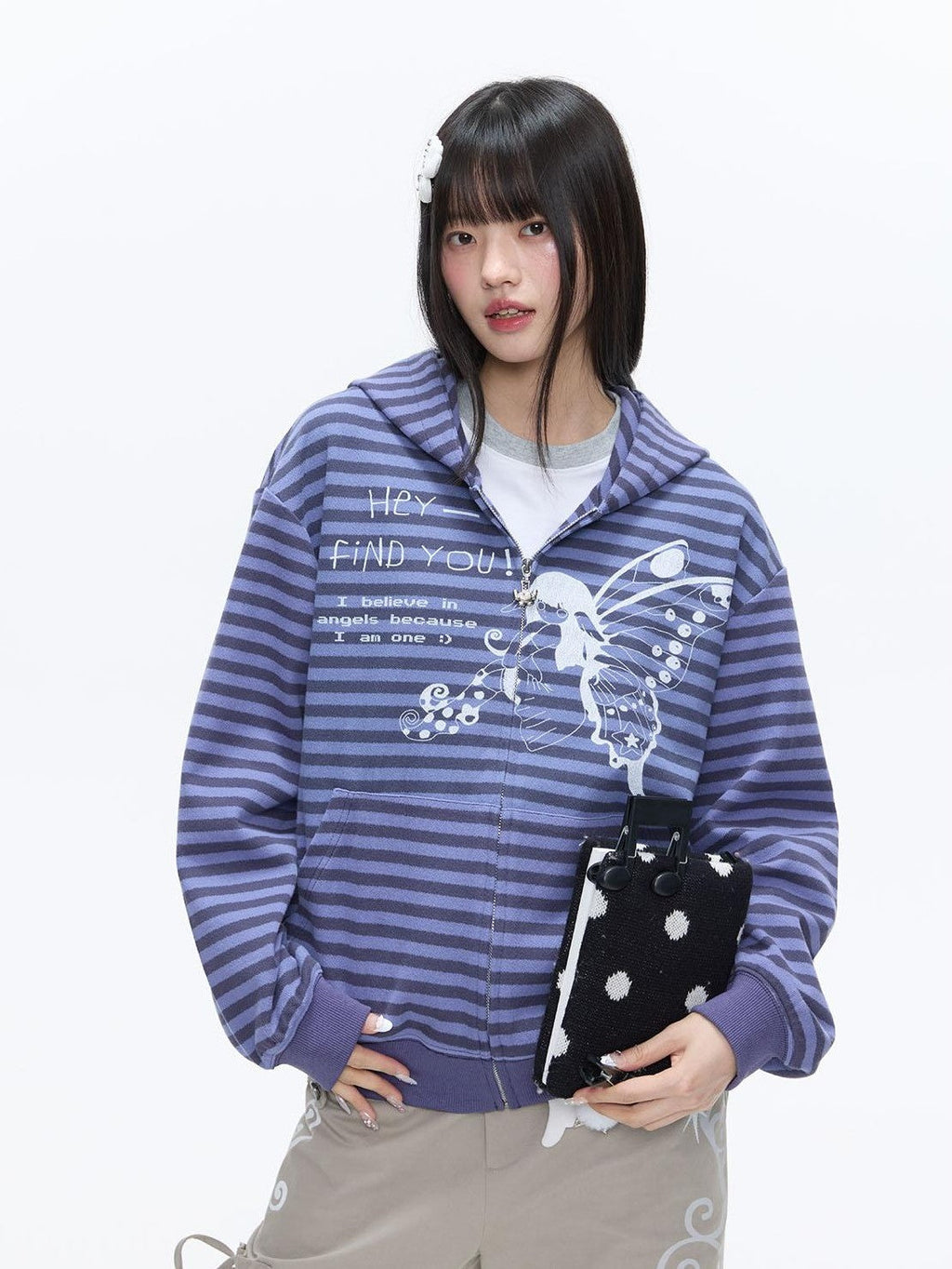 Vintage Purple Butterfly Striped Oversized Women's Cotton Blend Zip-up Hoodies