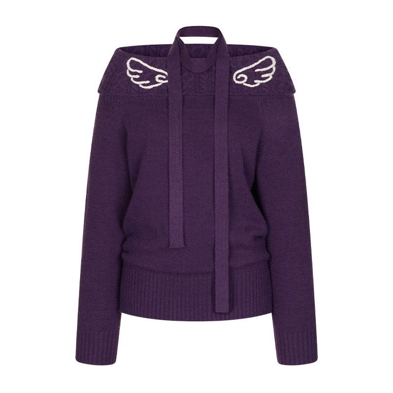Vintage Purple Crochet Angel Wing Jacquard Women's Acrylic Blend Sweaters