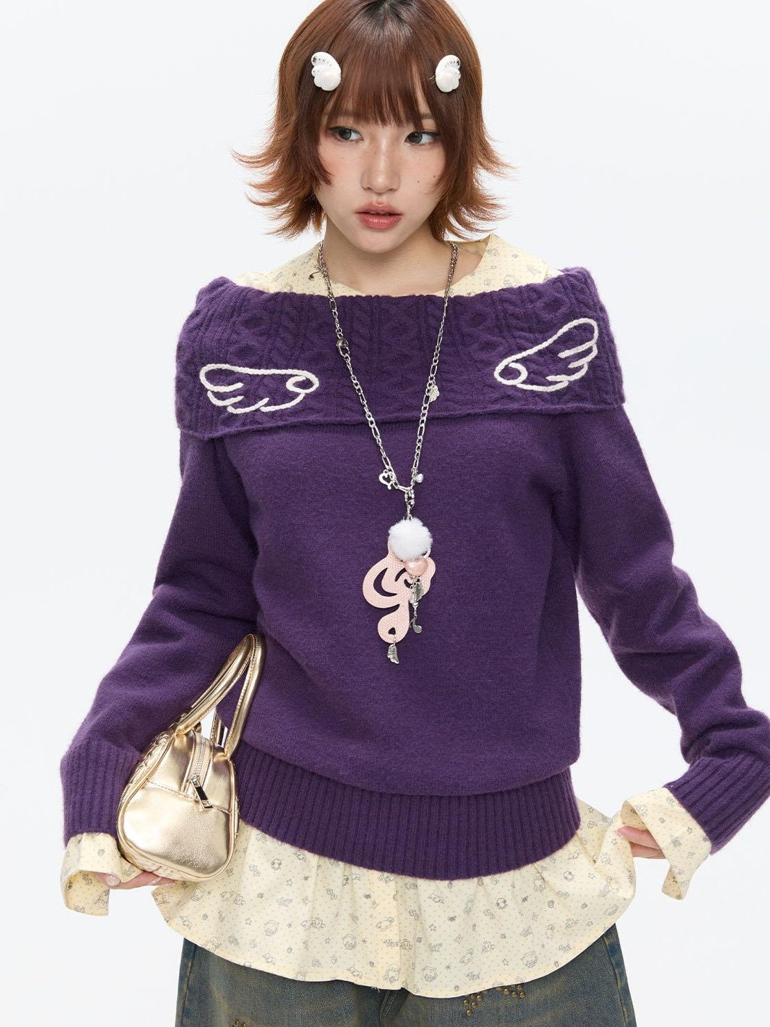Vintage Purple Crochet Angel Wing Jacquard Women's Acrylic Blend Sweaters