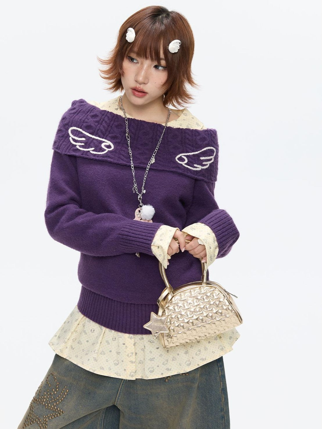 Vintage Purple Crochet Angel Wing Jacquard Women's Acrylic Blend Sweaters