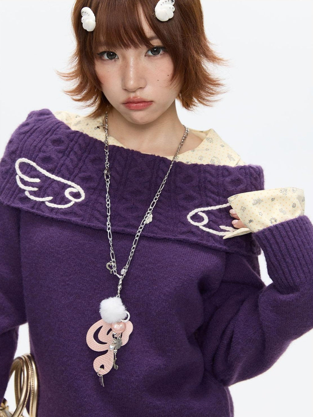 Vintage Purple Crochet Angel Wing Jacquard Women's Acrylic Blend Sweaters