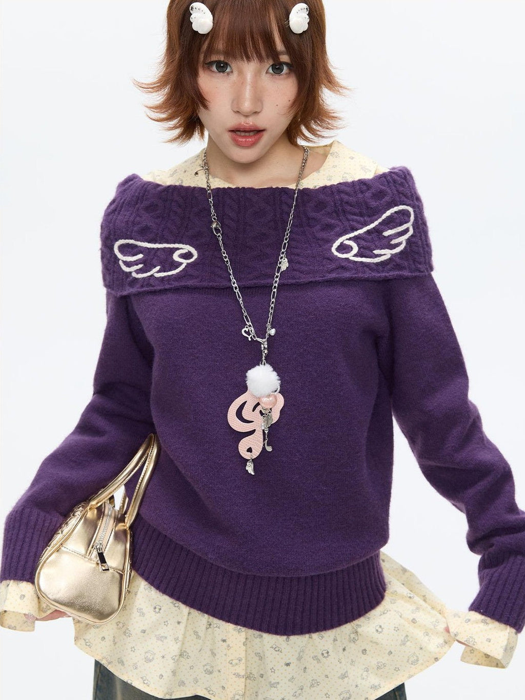Vintage Purple Crochet Angel Wing Jacquard Women's Acrylic Blend Sweaters