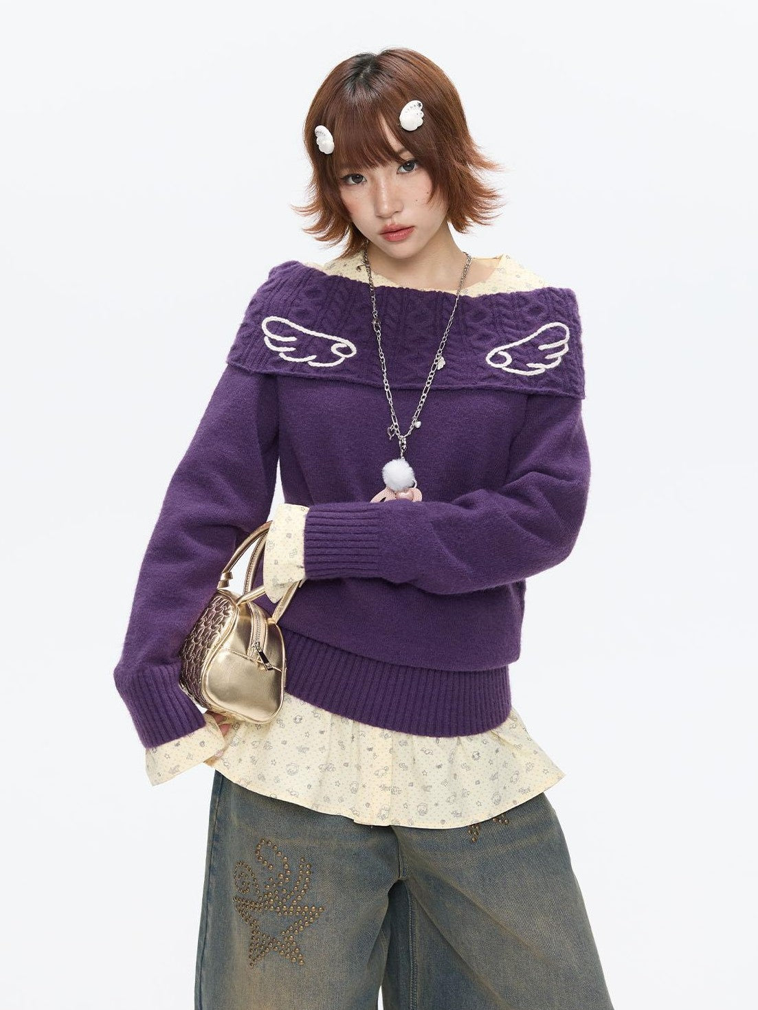 Vintage Purple Crochet Angel Wing Jacquard Women's Acrylic Blend Sweaters