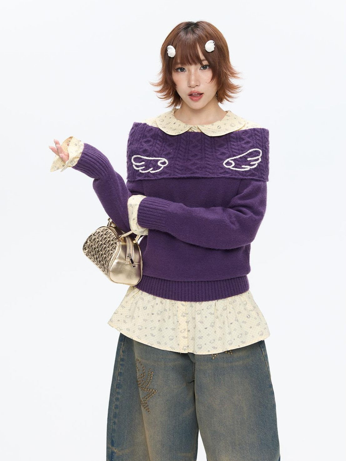 Vintage Purple Crochet Angel Wing Jacquard Women's Acrylic Blend Sweaters