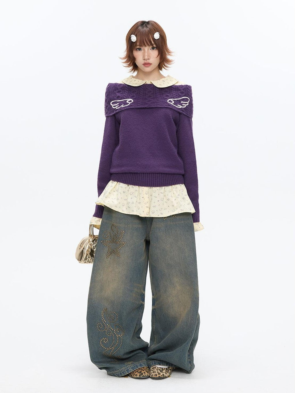 Vintage Purple Crochet Angel Wing Jacquard Women's Acrylic Blend Sweaters