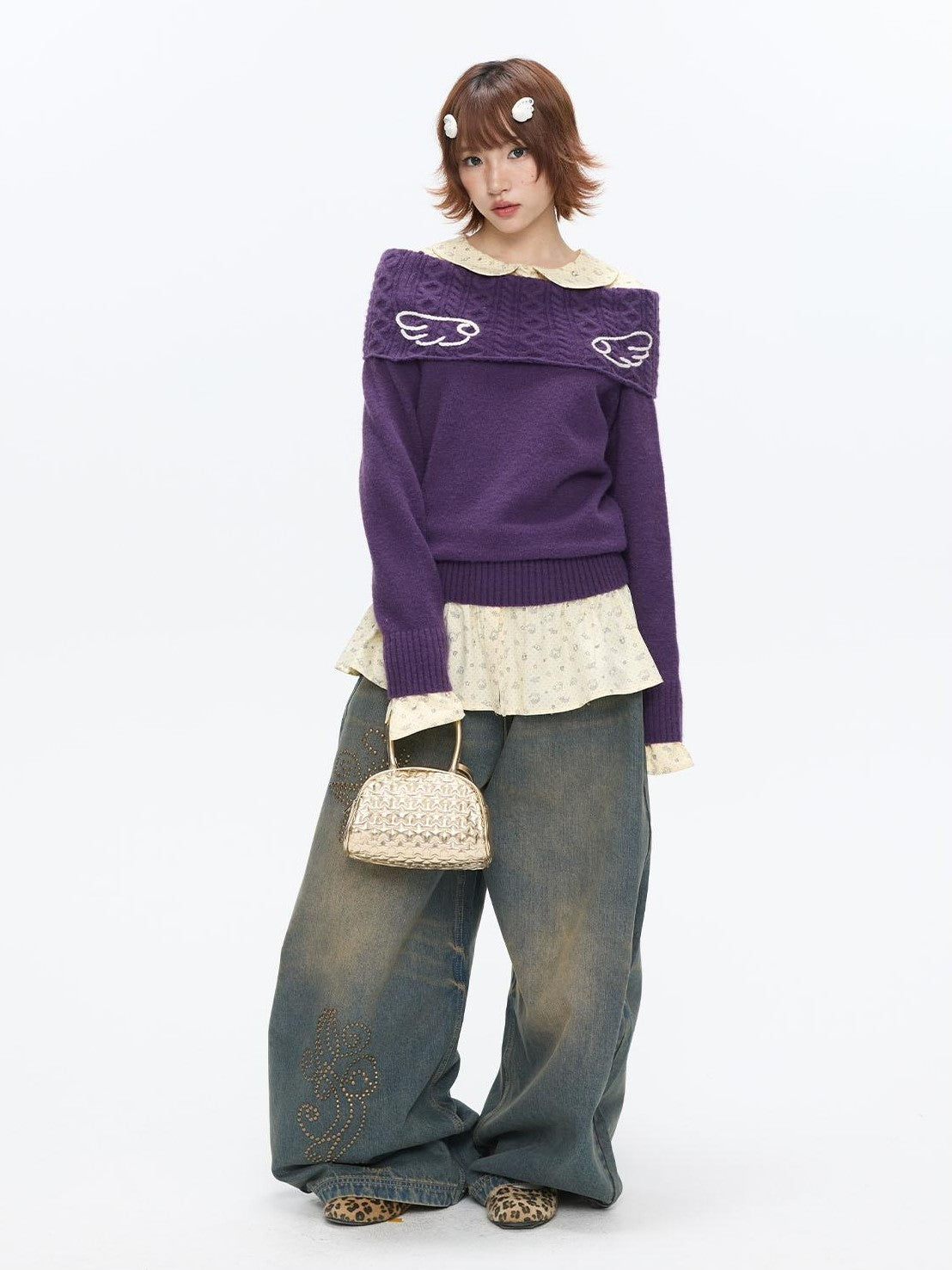 Vintage Purple Crochet Angel Wing Jacquard Women's Acrylic Blend Sweaters