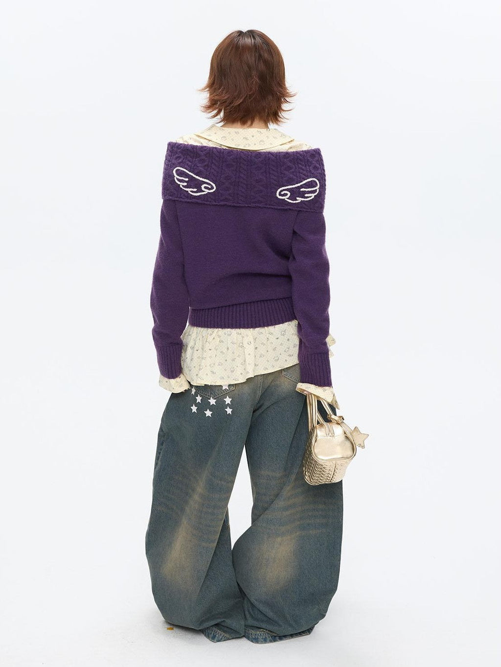 Vintage Purple Crochet Angel Wing Jacquard Women's Acrylic Blend Sweaters