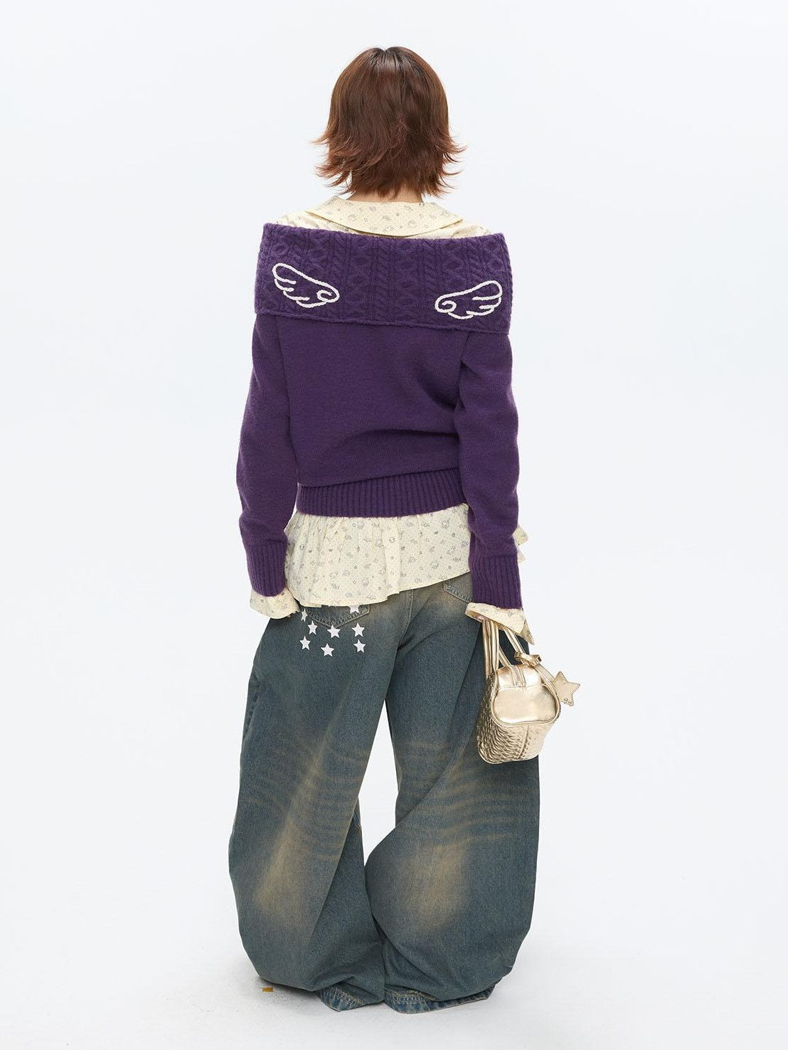 Vintage Purple Crochet Angel Wing Jacquard Women's Acrylic Blend Sweaters