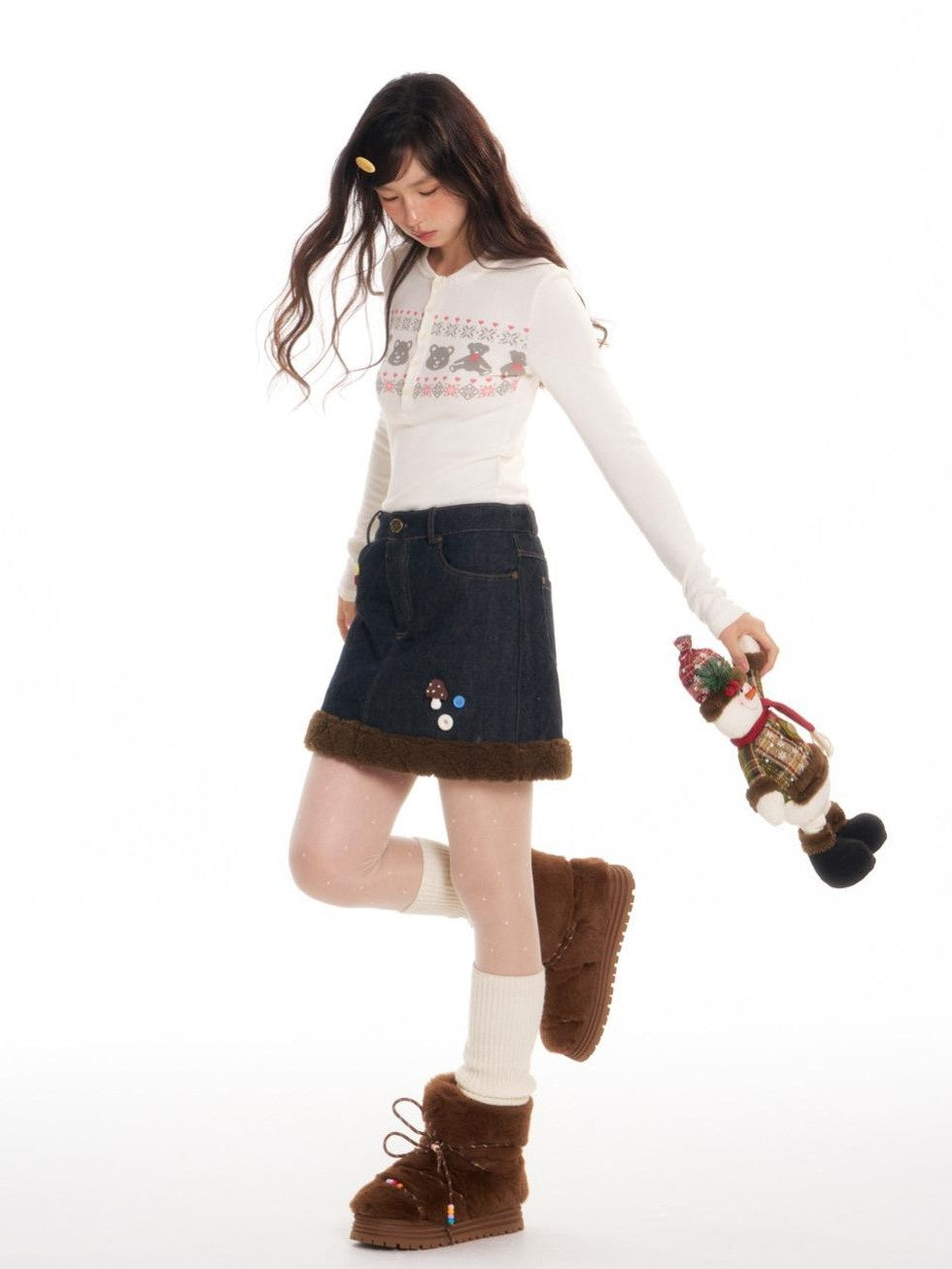 Vintage Quilted Fuzzy A Line Women's Cotton Denim Mini Skirts