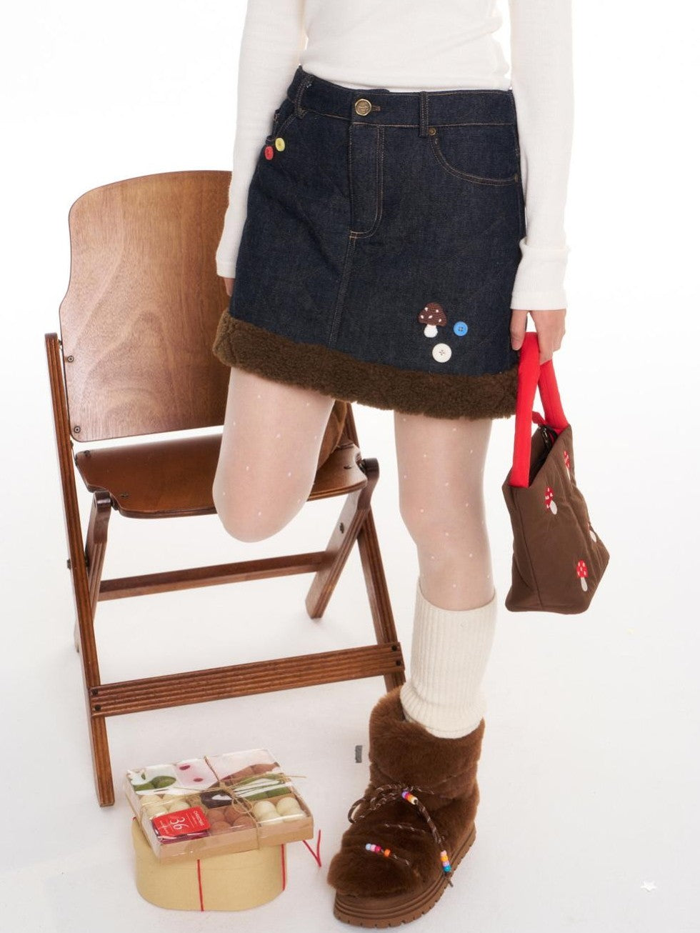Vintage Quilted Fuzzy A Line Women's Cotton Denim Mini Skirts