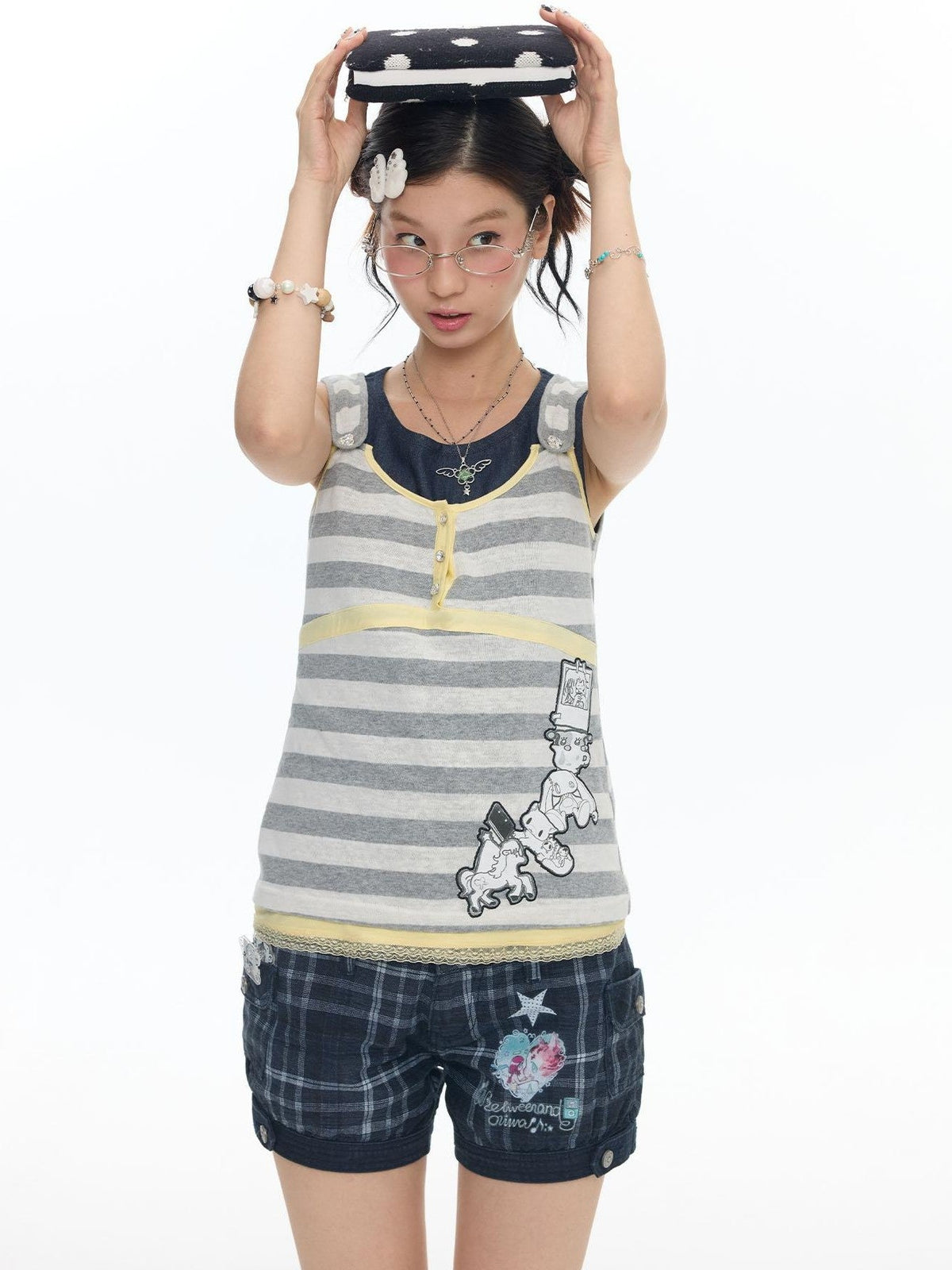 Vintage Striped Applique Denim Patch Two Piece Women's Cotton Blend Tank Tops