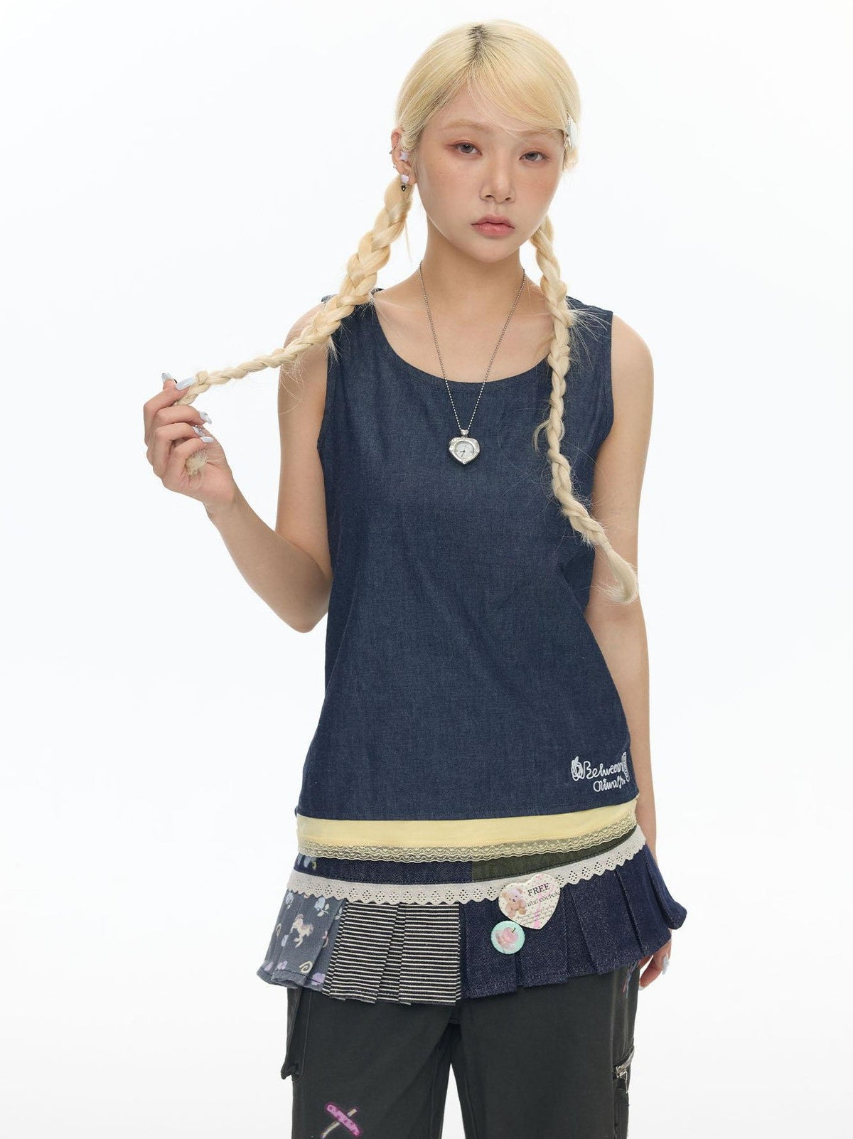 Vintage Striped Applique Denim Patch Two Piece Women's Cotton Blend Tank Tops