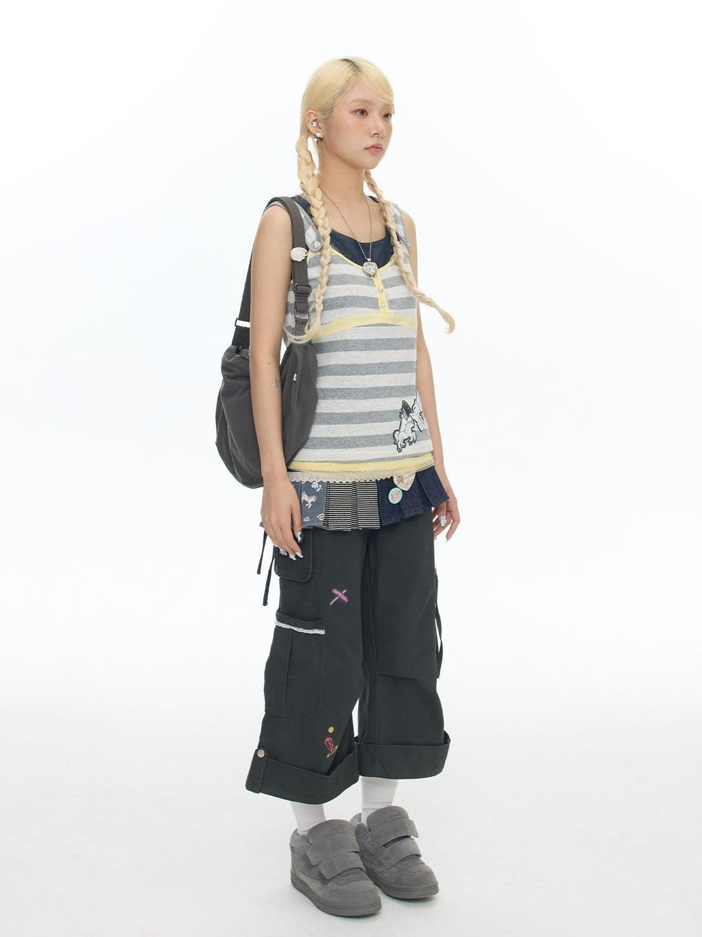 Vintage Striped Applique Denim Patch Two Piece Women's Cotton Blend Tank Tops