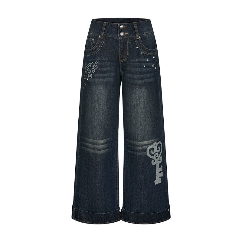 Vintage Washed Whisker Slimming Casual Women's Cotton Straight-leg Jeans
