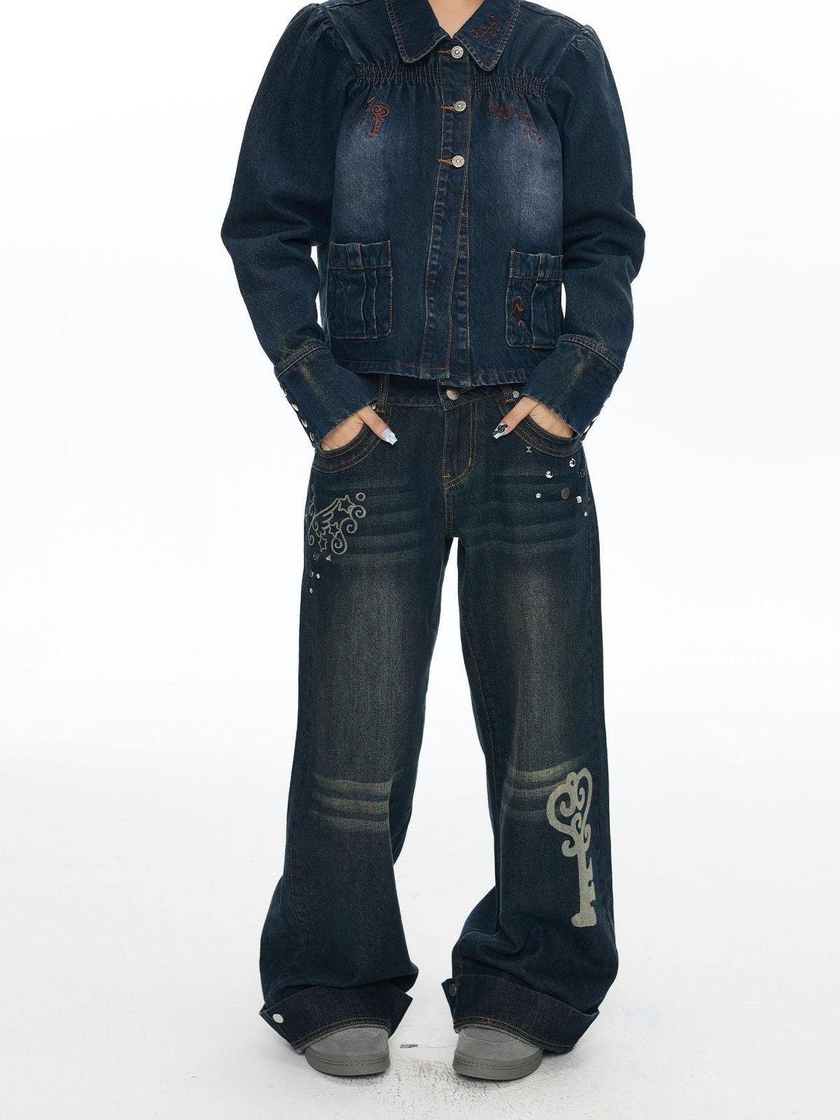 Vintage Washed Whisker Slimming Casual Women's Cotton Straight-leg Jeans
