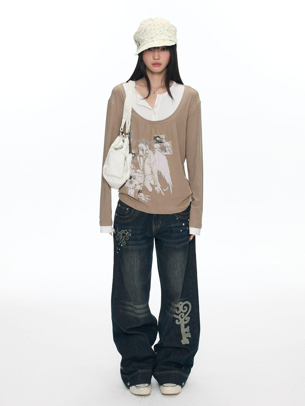 Vintage Washed Whisker Slimming Casual Women's Cotton Straight-leg Jeans