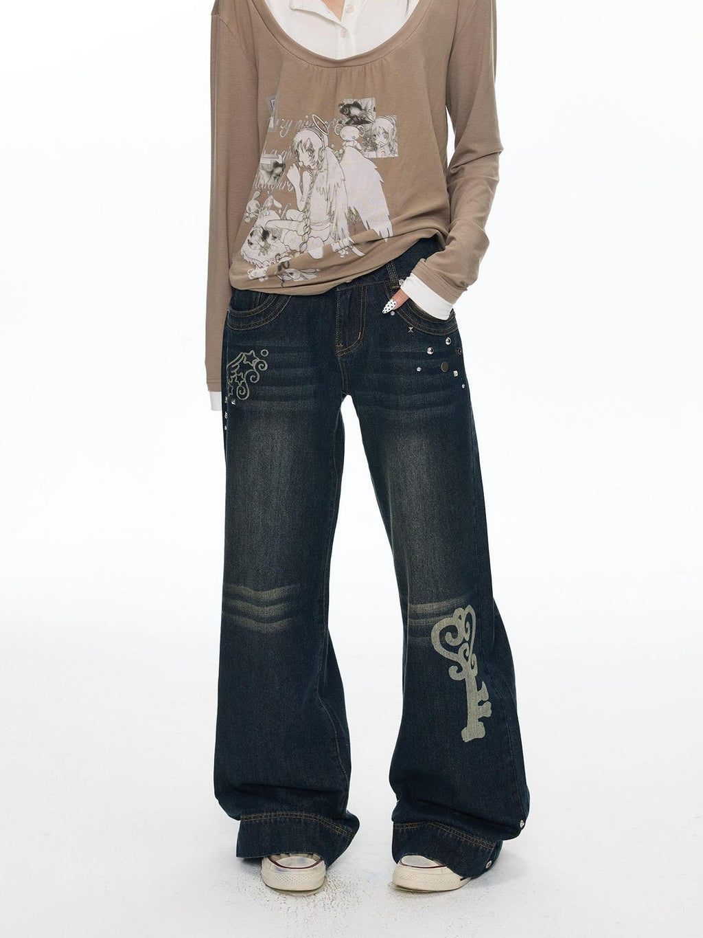 Vintage Washed Whisker Slimming Casual Women's Cotton Straight-leg Jeans