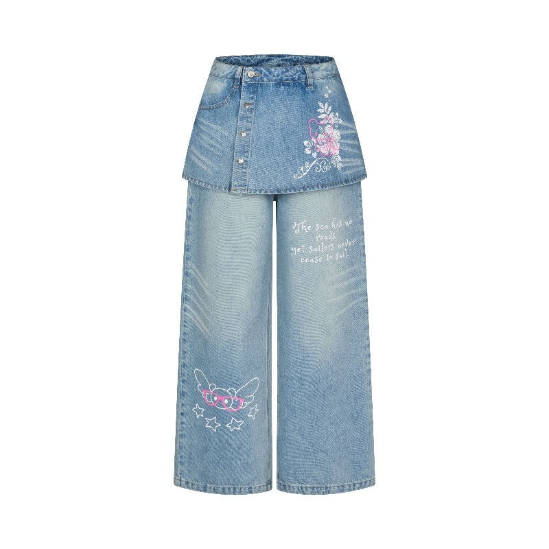 Washed Blue Denim Printed Faux Two Piece Women's Polyester Skorts