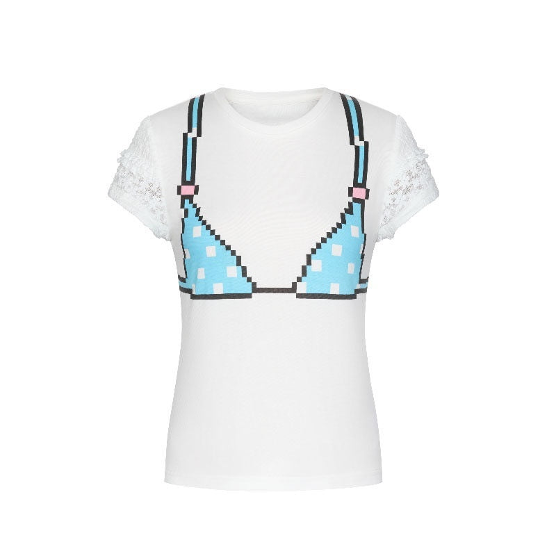 White Pixel Bead Doodle Print Women's Cotton Blend Short Sleeve T-shirts