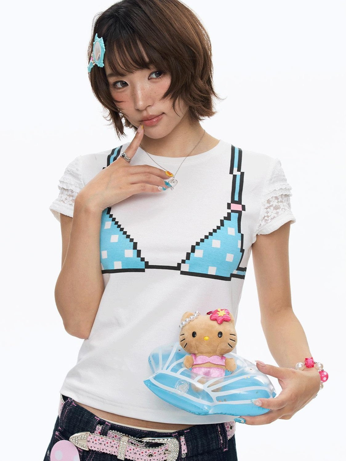 White Pixel Bead Doodle Print Women's Cotton Blend Short Sleeve T-shirts