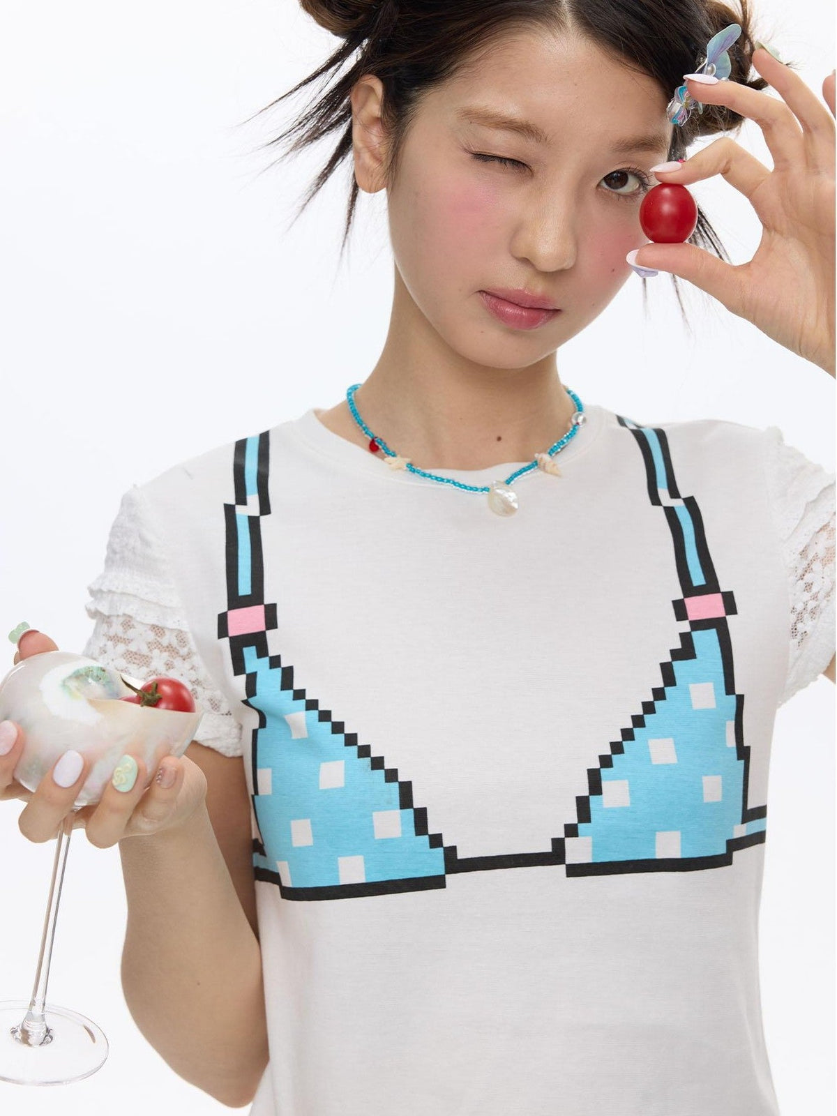 White Pixel Bead Doodle Print Women's Cotton Blend Short Sleeve T-shirts
