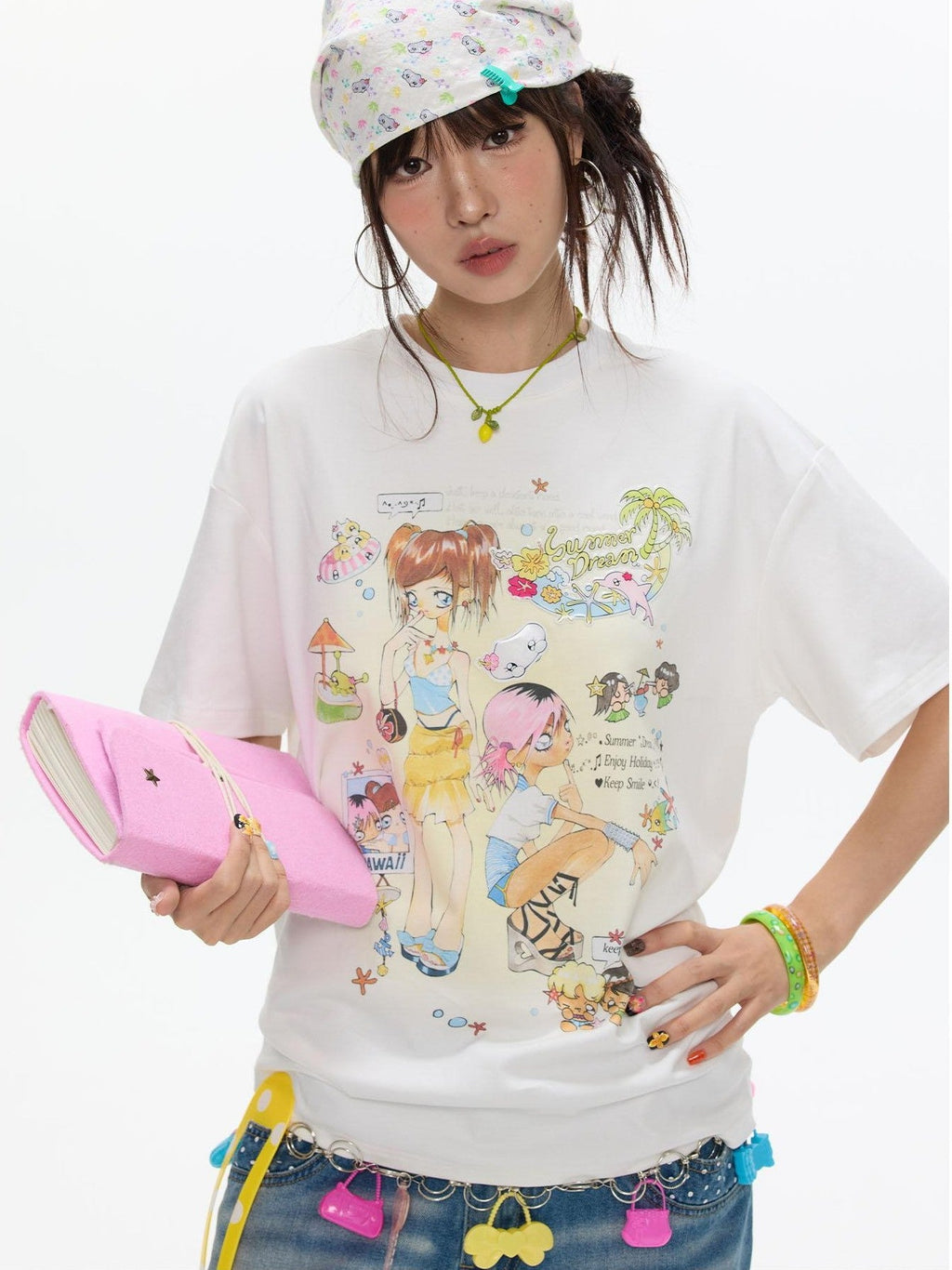 White Printed Round Neck Women's 100 Percent Cotton Oversized T-shirts