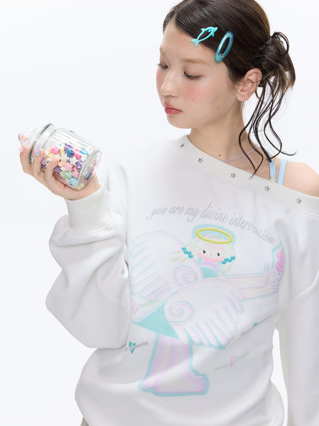 White Star Beaded Angel Wing Off Shoulder Women's Polyester Spandex Sweatshirts