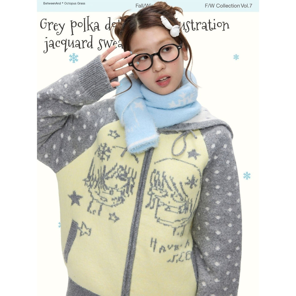 Yellow Gray Polka Thick Jacquard Raglan Hooded Women's Wool Sweaters