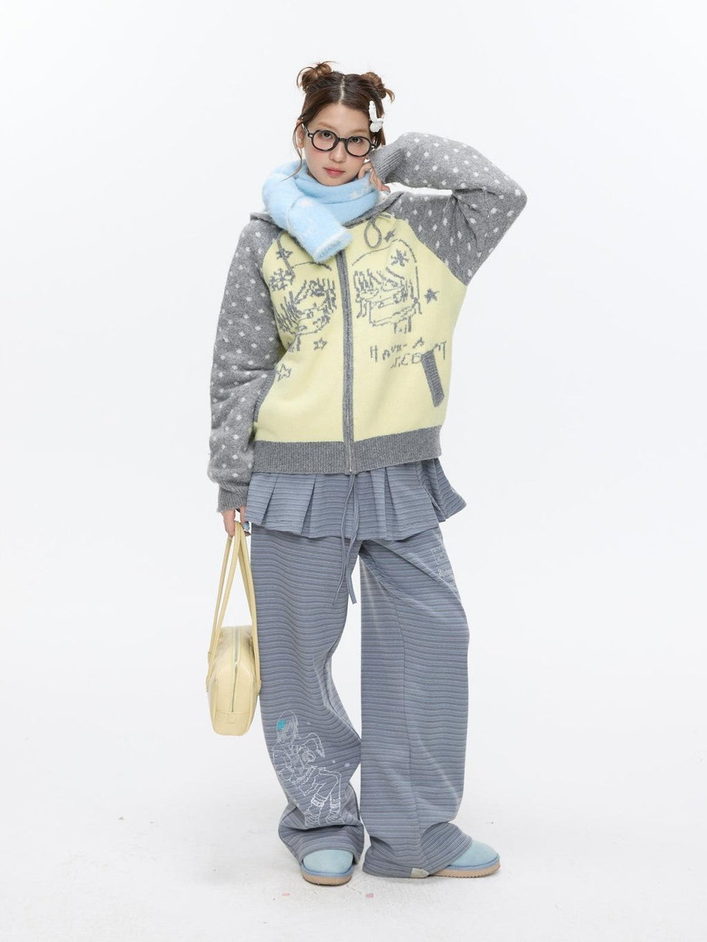 Yellow Gray Polka Thick Jacquard Raglan Hooded Women's Wool Sweaters