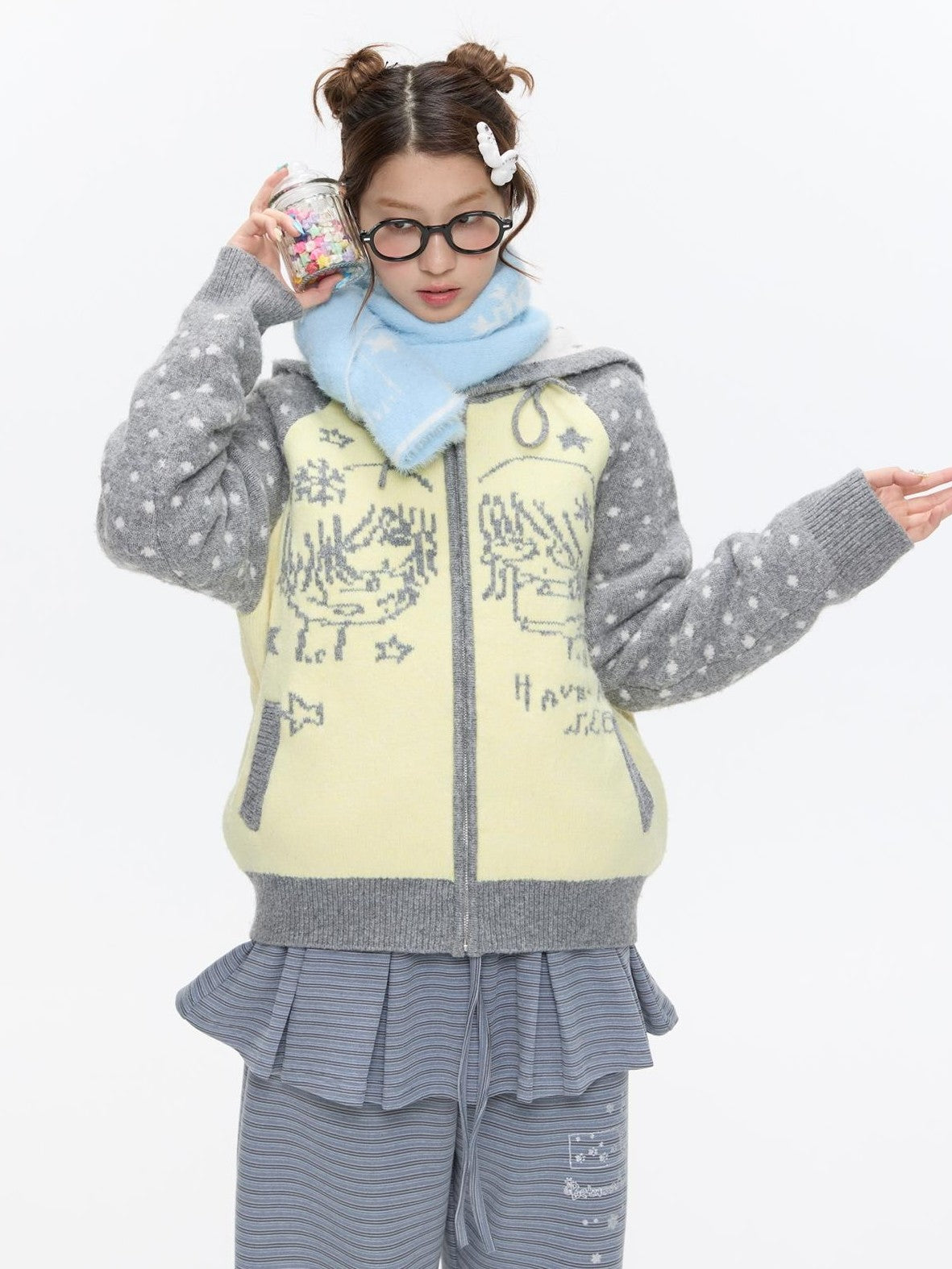 Yellow Gray Polka Thick Jacquard Raglan Hooded Women's Wool Sweaters