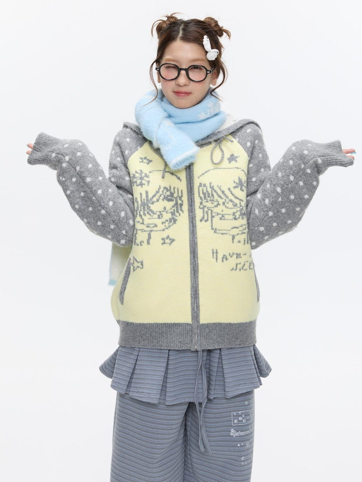 Yellow Gray Polka Thick Jacquard Raglan Hooded Women's Wool Sweaters
