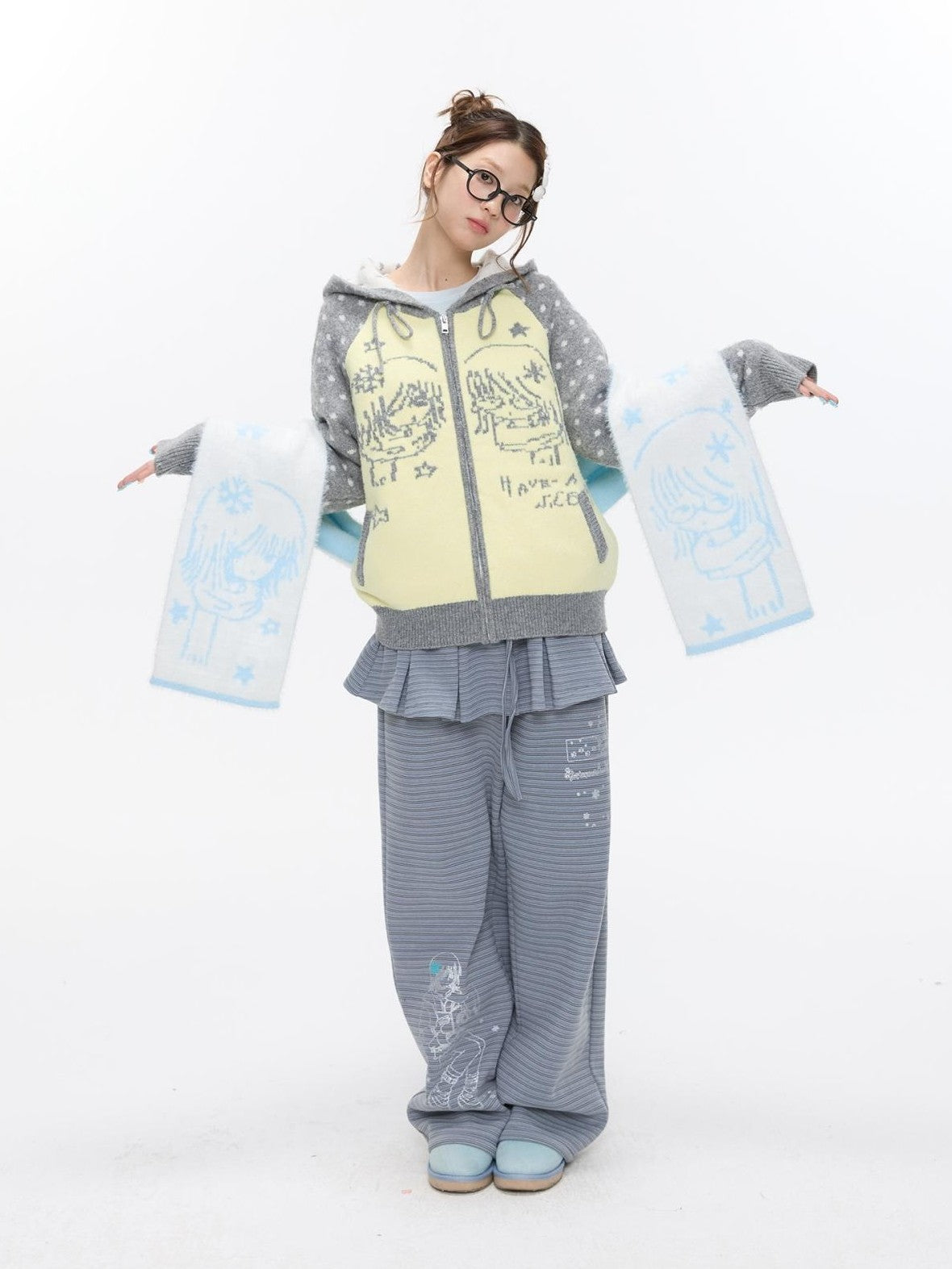 Yellow Gray Polka Thick Jacquard Raglan Hooded Women's Wool Sweaters