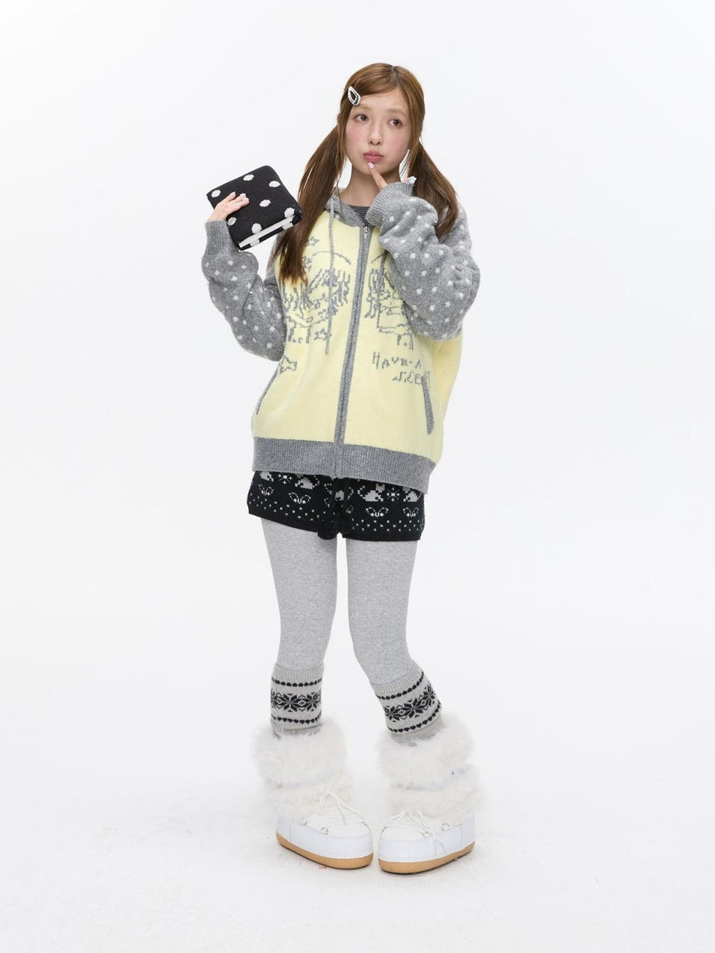 Yellow Gray Polka Thick Jacquard Raglan Hooded Women's Wool Sweaters