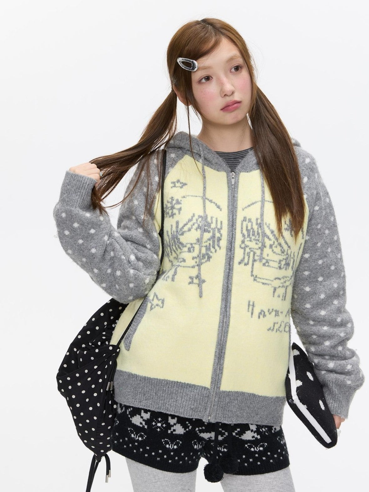 Yellow Gray Polka Thick Jacquard Raglan Hooded Women's Wool Sweaters