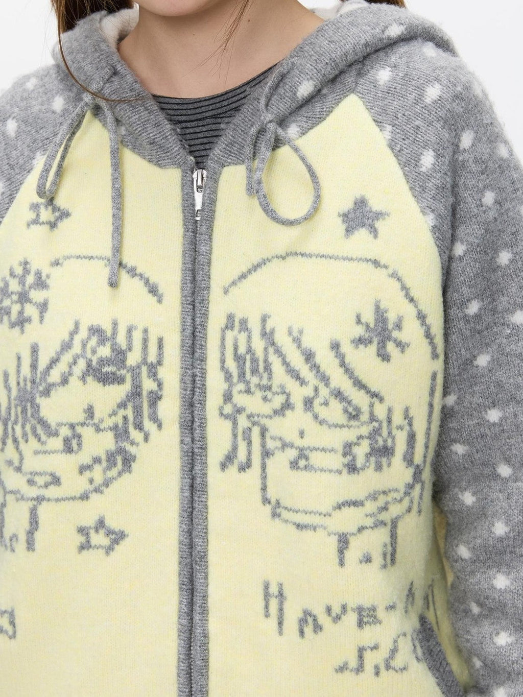 Yellow Gray Polka Thick Jacquard Raglan Hooded Women's Wool Sweaters