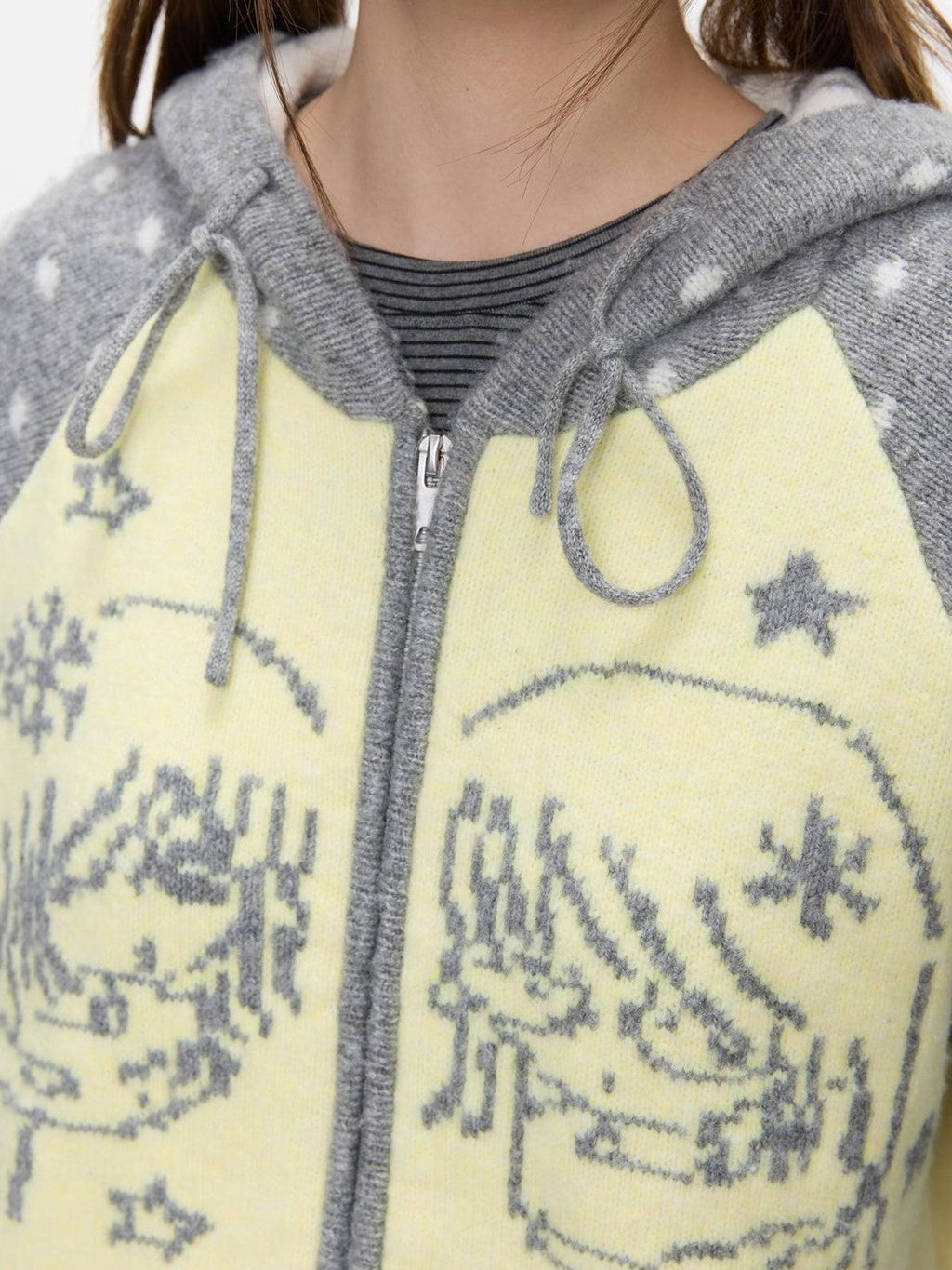 Yellow Gray Polka Thick Jacquard Raglan Hooded Women's Wool Sweaters