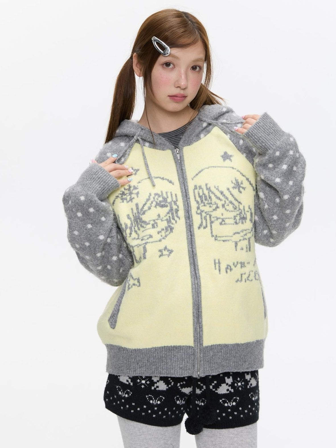 Yellow Gray Polka Thick Jacquard Raglan Hooded Women's Wool Sweaters