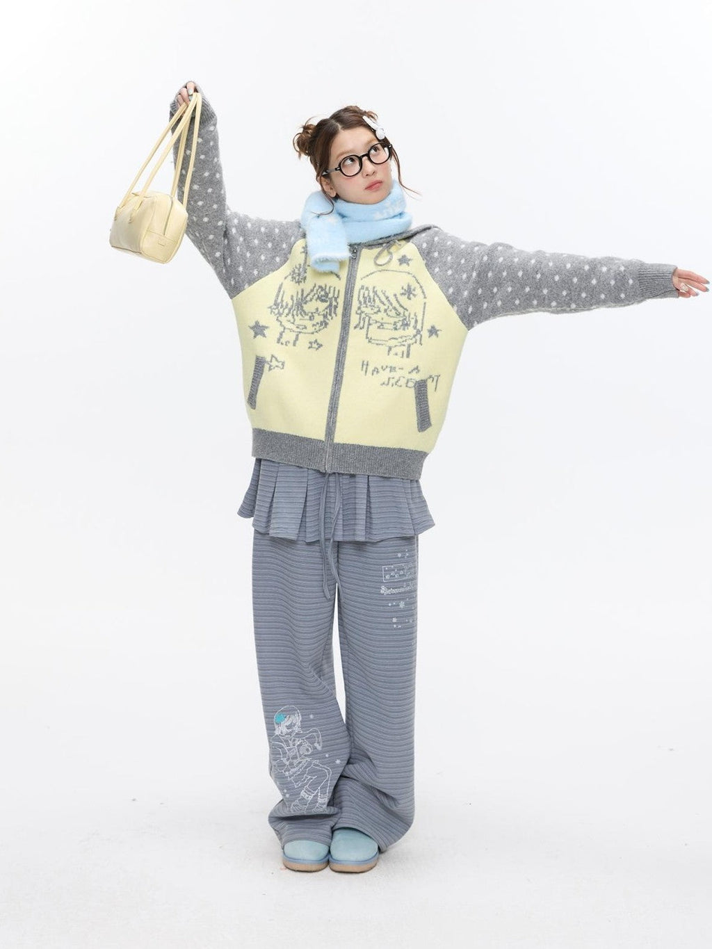 Yellow Gray Polka Thick Jacquard Raglan Hooded Women's Wool Sweaters