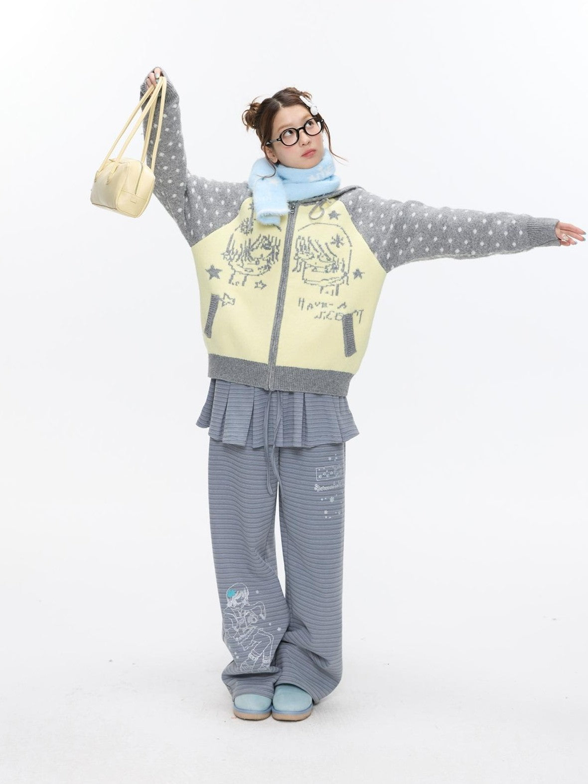 Yellow Gray Polka Thick Jacquard Raglan Hooded Women's Wool Sweaters