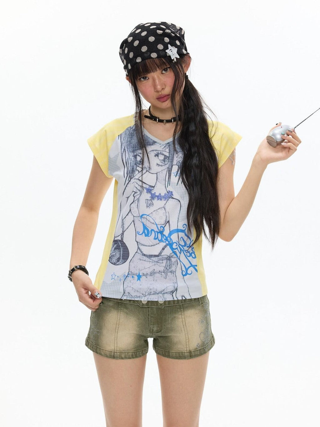 Yellow Striped Patchwork V-neck Rhinestone Women's Short Sleeve T-shirts