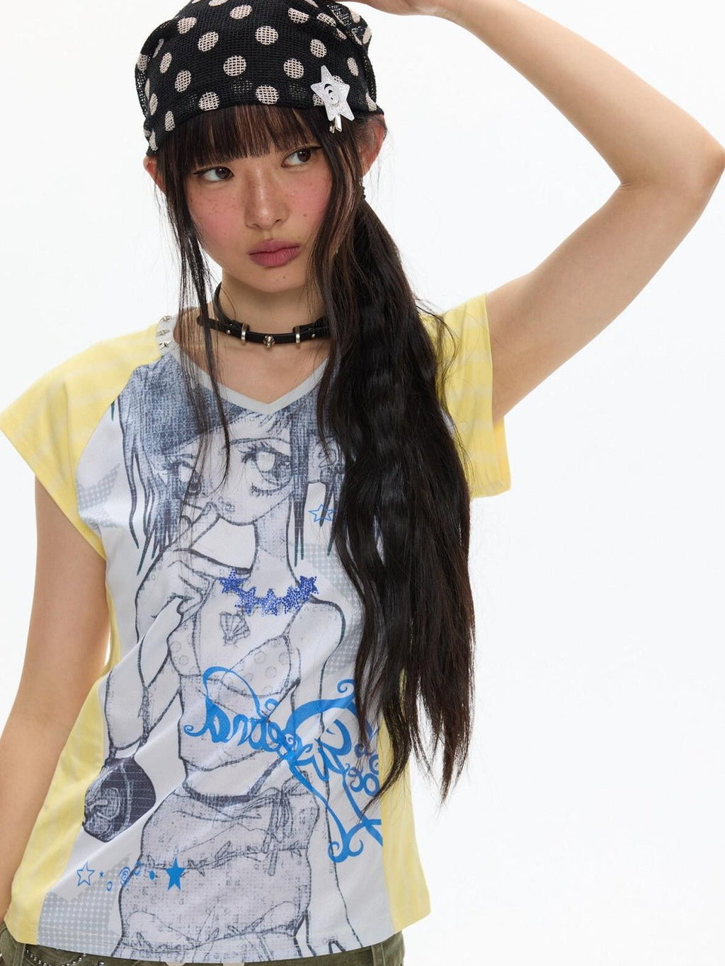 Yellow Striped Patchwork V-neck Rhinestone Women's Short Sleeve T-shirts