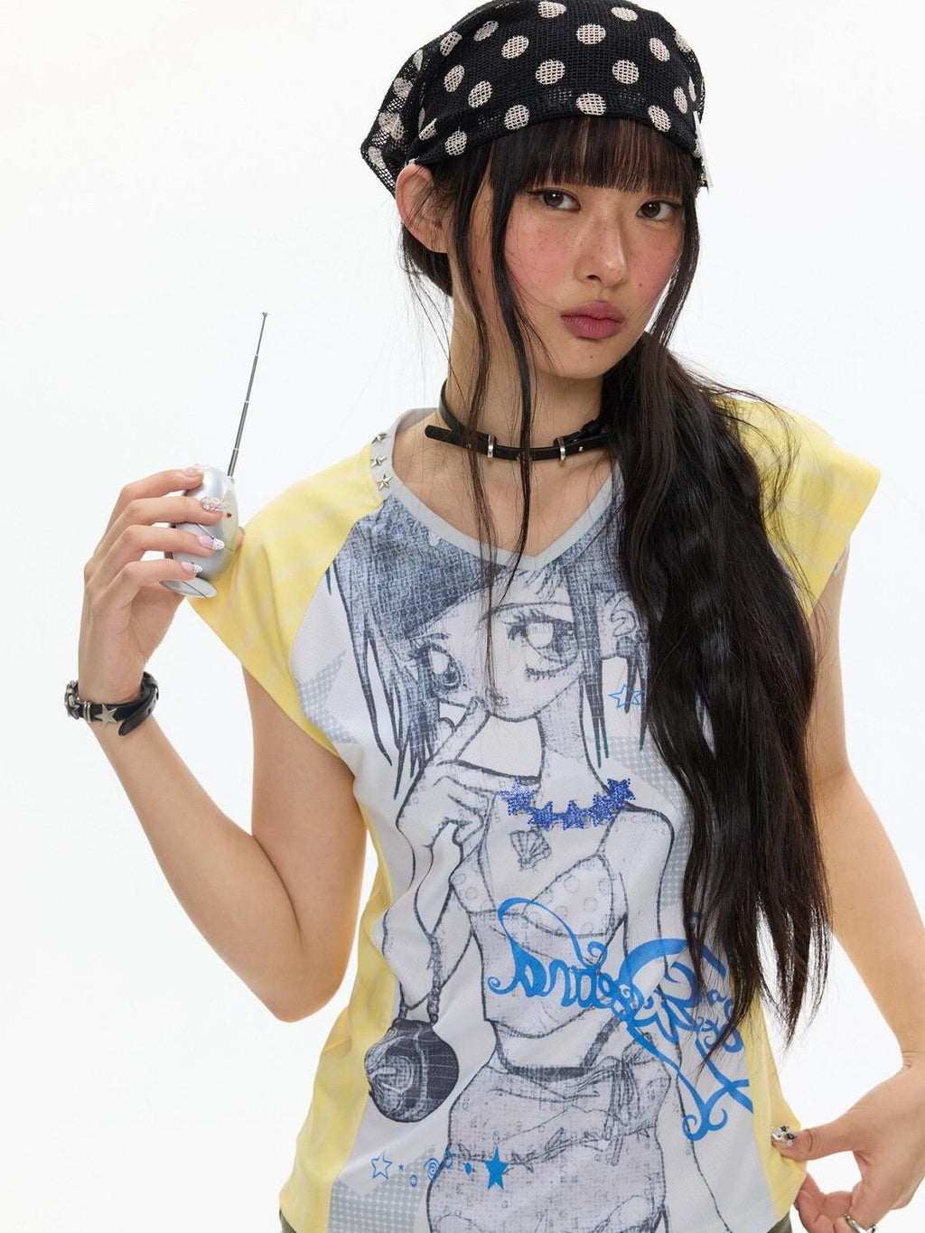 Yellow Striped Patchwork V-neck Rhinestone Women's Short Sleeve T-shirts