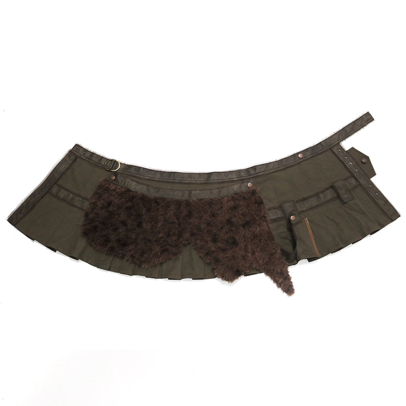Open Aesthetic Pleated Skirt With Detachable Fur Leather Trim