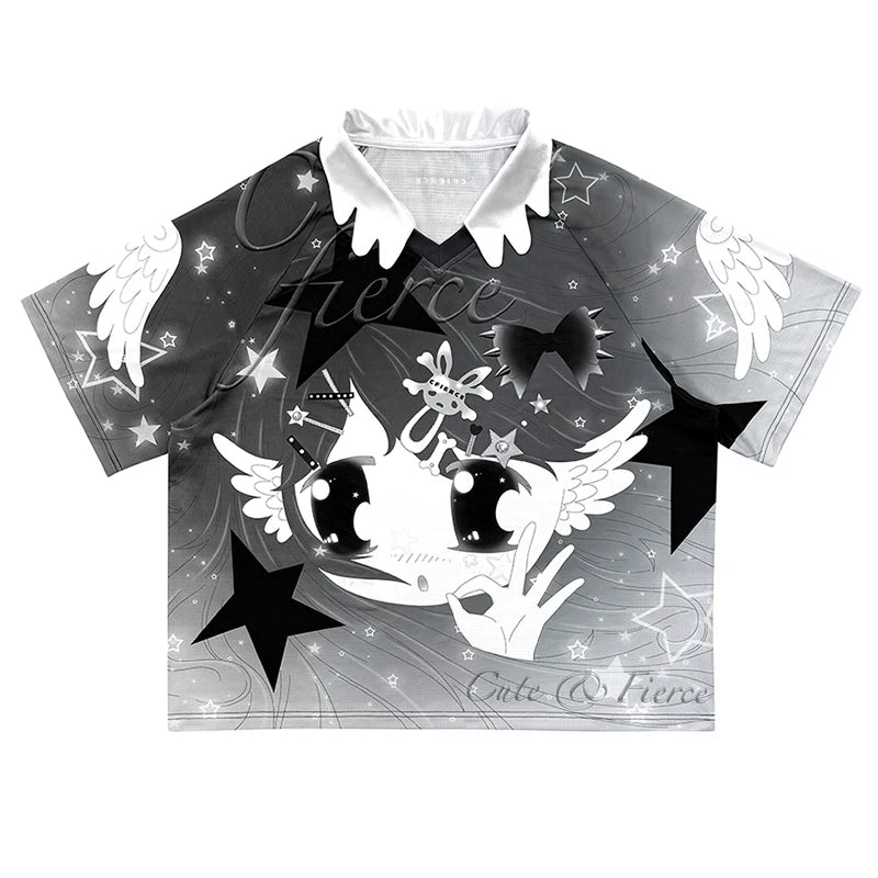 Angel Print Raglan Tee V Neck T Shirt Long Sleeve