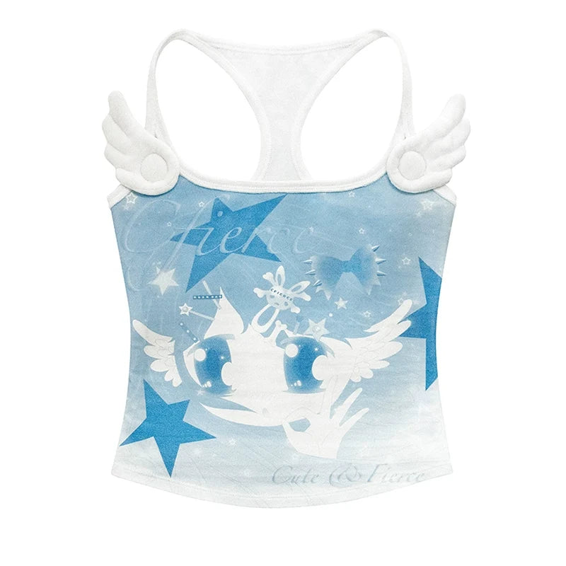 Angel Printed Camisole V Neck T Shirt Long Sleeve