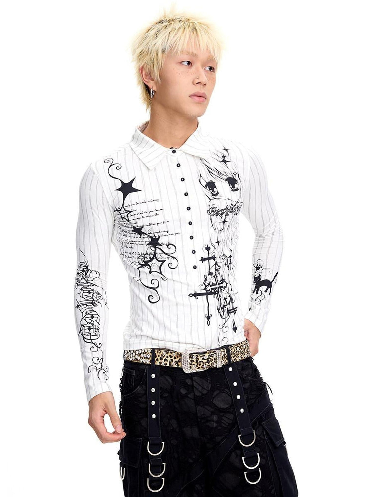 Animal Print Slim Fit Polo Collar Longsleeve Casual Trendy Cotton Spandex Blouse