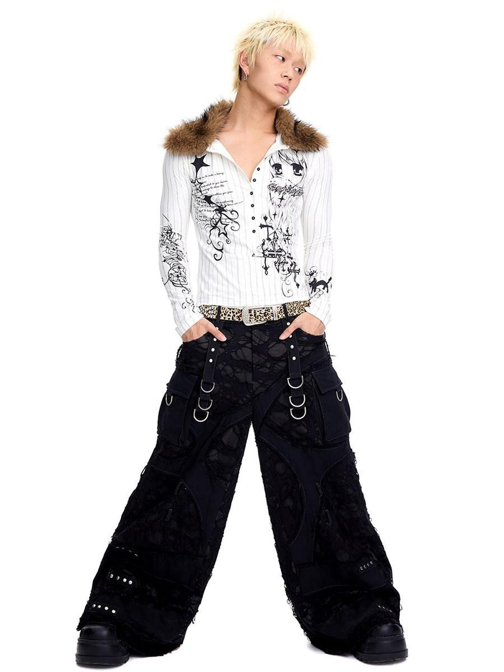 Animal Print Slim Fit Polo Collar Longsleeve Casual Trendy Cotton Spandex Blouse